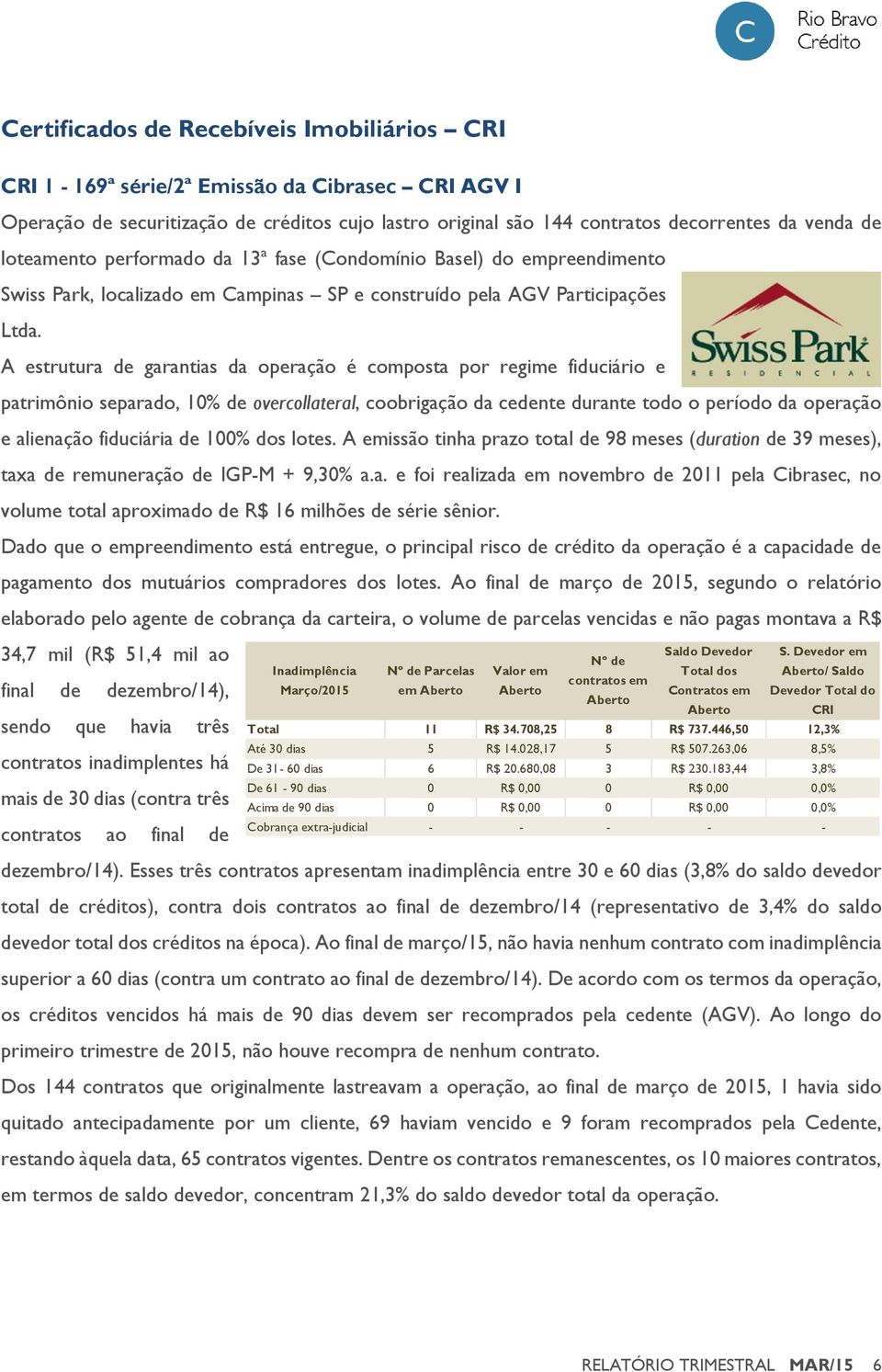 A estrutura de garantias da operação é composta por regime fiduciário e patrimônio separado, 10% de overcollateral, coobrigação da cedente durante todo o período da operação e alienação fiduciária de