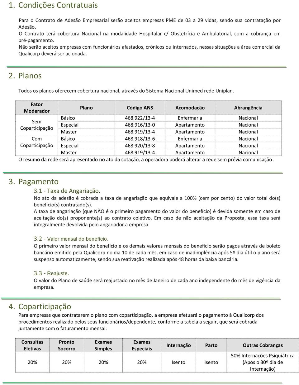 Não serão aceitos empresas com funcionários afastados, crônicos ou internados, nessas situações a área comercial da Qualicorp deverá ser acionada. 2.