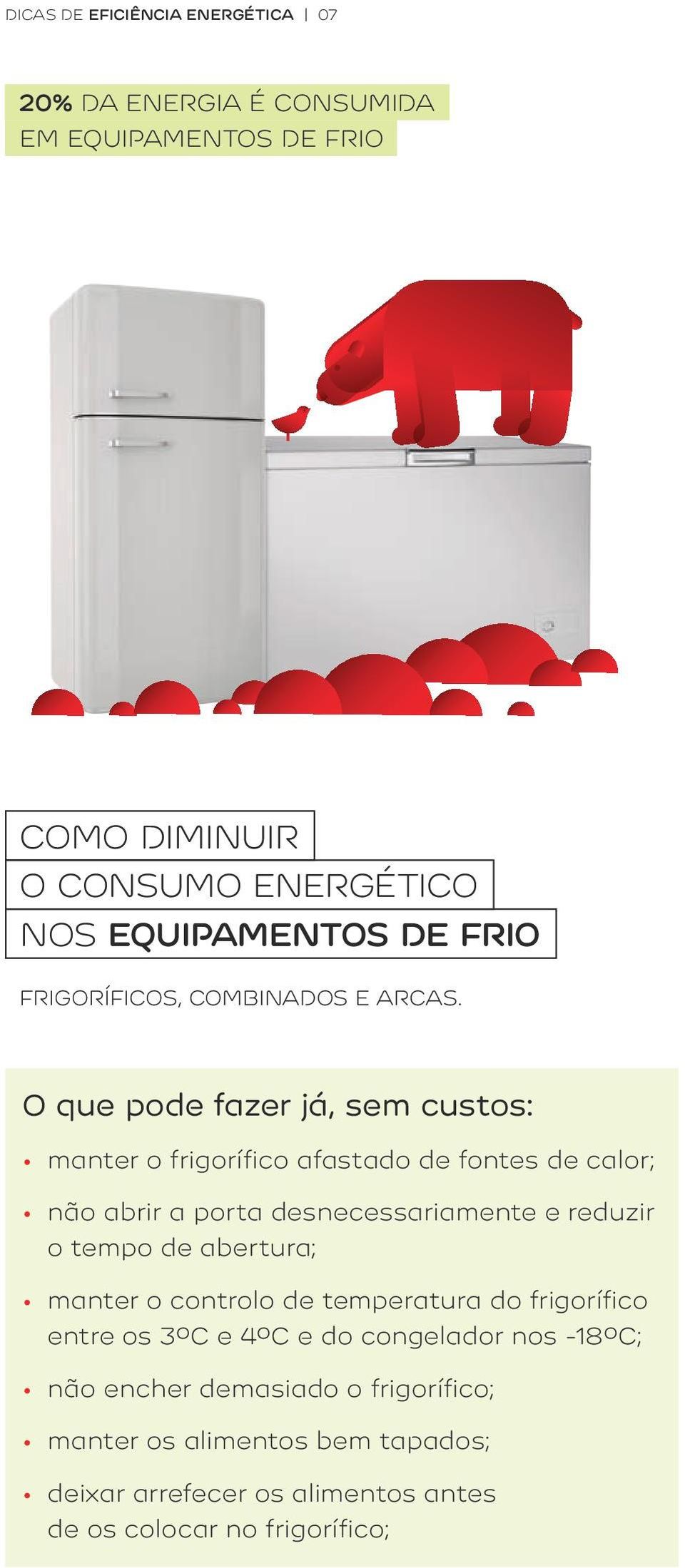 O que pode fazer já, sem custos: manter o frigorífico afastado de fontes de calor; não abrir a porta desnecessariamente e reduzir o tempo