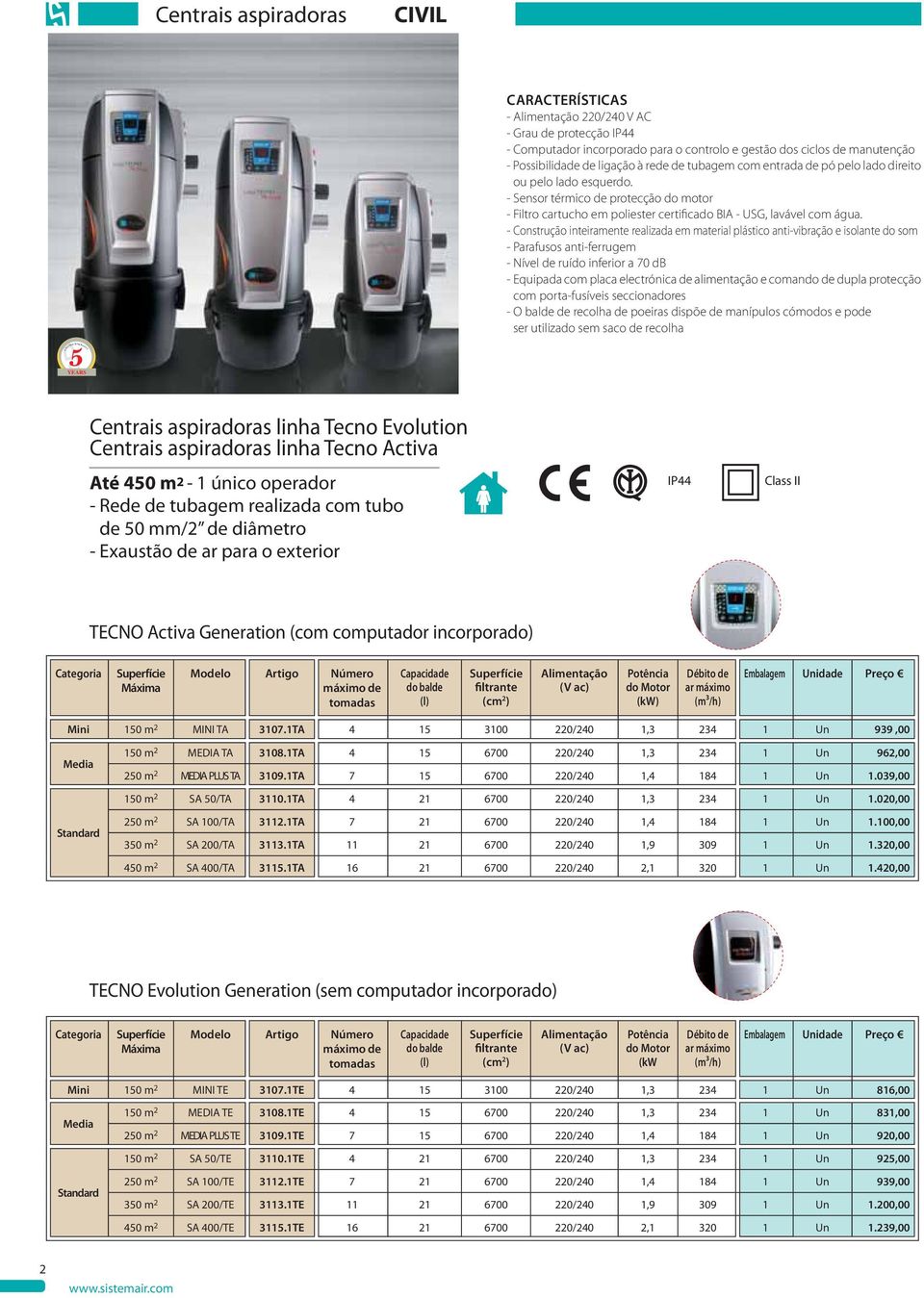 - Sensor térmico de protecção do motor - Filtro cartucho em poliester certificado BIA - USG, lavável com água.