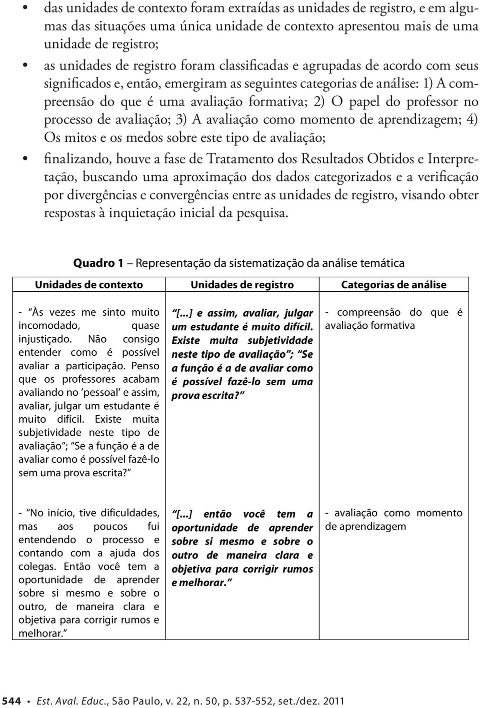 processo de avaliação; 3) A avaliação como momento de aprendizagem; 4) Os mitos e os medos sobre este tipo de avaliação; finalizando, houve a fase de Tratamento dos Resultados Obtidos e