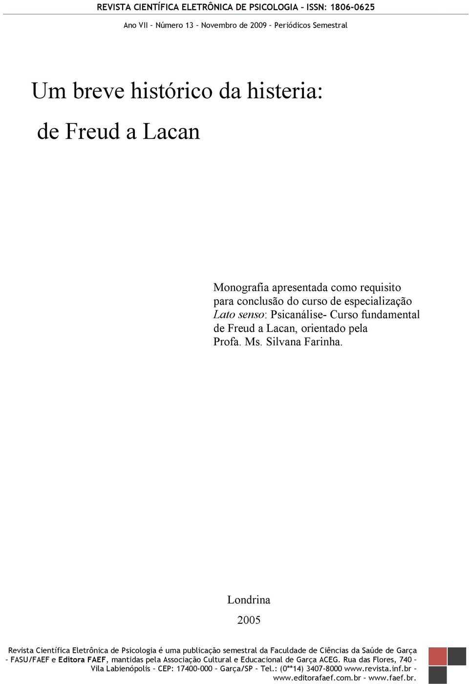 especialização Lato senso: Psicanálise- Curso fundamental de