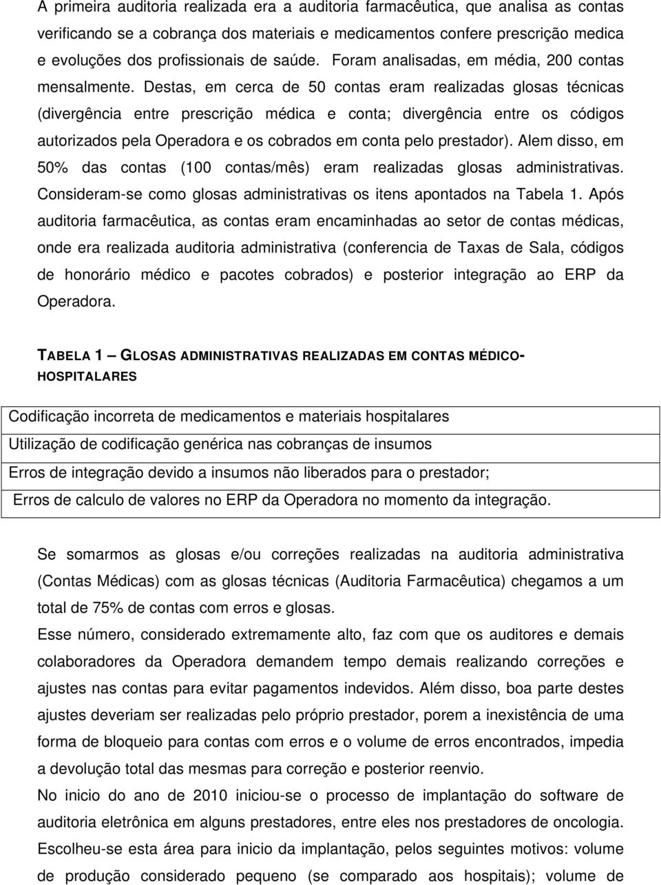 Destas, em cerca de 50 contas eram realizadas glosas técnicas (divergência entre prescrição médica e conta; divergência entre os códigos autorizados pela Operadora e os cobrados em conta pelo