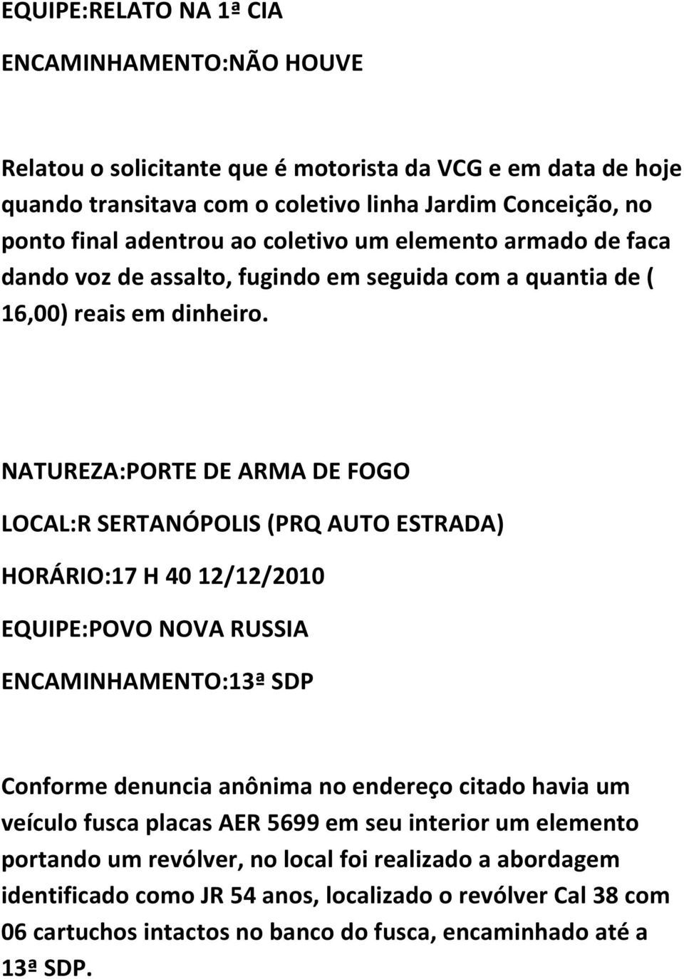 NATUREZA:PORTE DE ARMA DE FOGO LOCAL:R SERTANÓPOLIS (PRQ AUTO ESTRADA) HORÁRIO:17 H 40 12/12/2010 EQUIPE:POVO NOVA RUSSIA ENCAMINHAMENTO:13ª SDP Conforme denuncia anônima no endereço citado