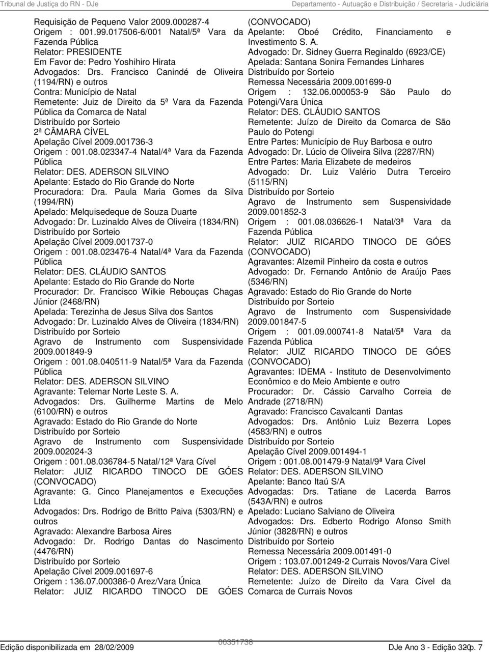 Francisco Canindé de Oliveira (1194/RN) e outros Contra: Município de Natal Remetente: Juiz de Direito da 5ª Vara da Fazenda Pública da Comarca de Natal 2ª CÂMARA CÍVEL Apelação Cível 2009.
