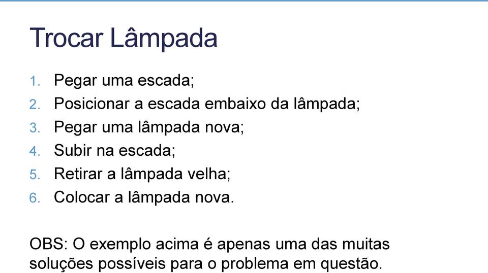 Pegar uma lâmpada nova; 4. Subir na escada; 5.