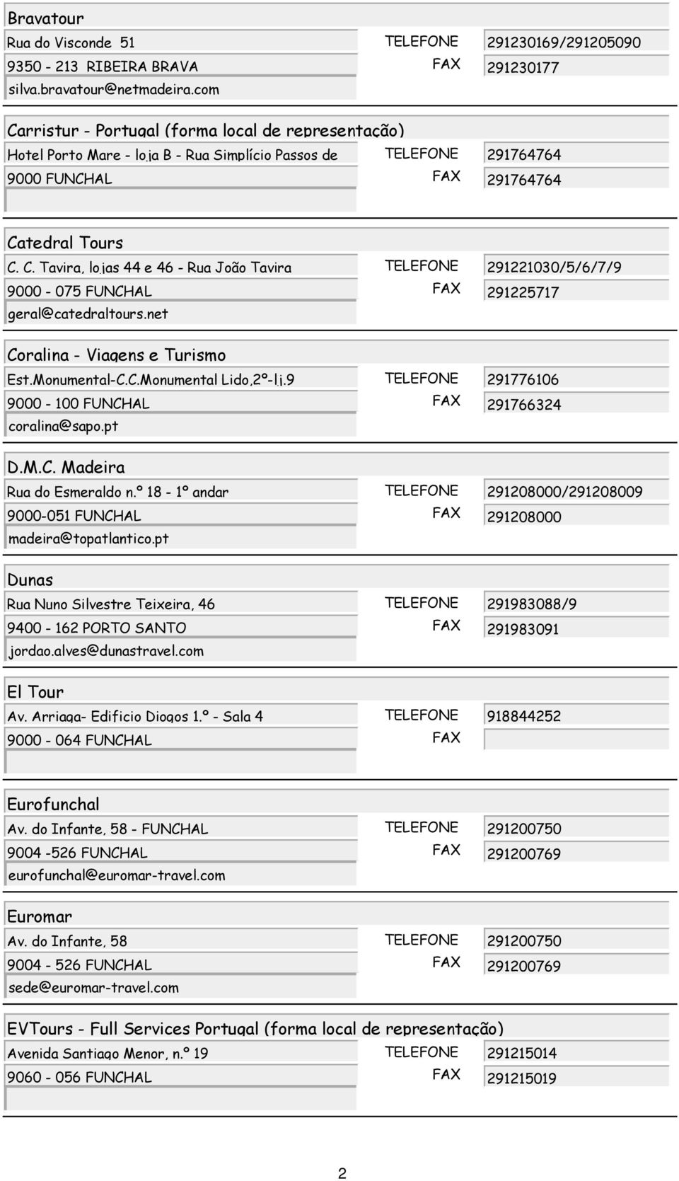 net 291225717 Coralina - Viagens e Turismo Est.Monumental-C.C.Monumental Lido,2º-lj.9 TELEFONE 291776106 coralina@sapo.pt 291766324 D.M.C. Madeira Rua do Esmeraldo n.