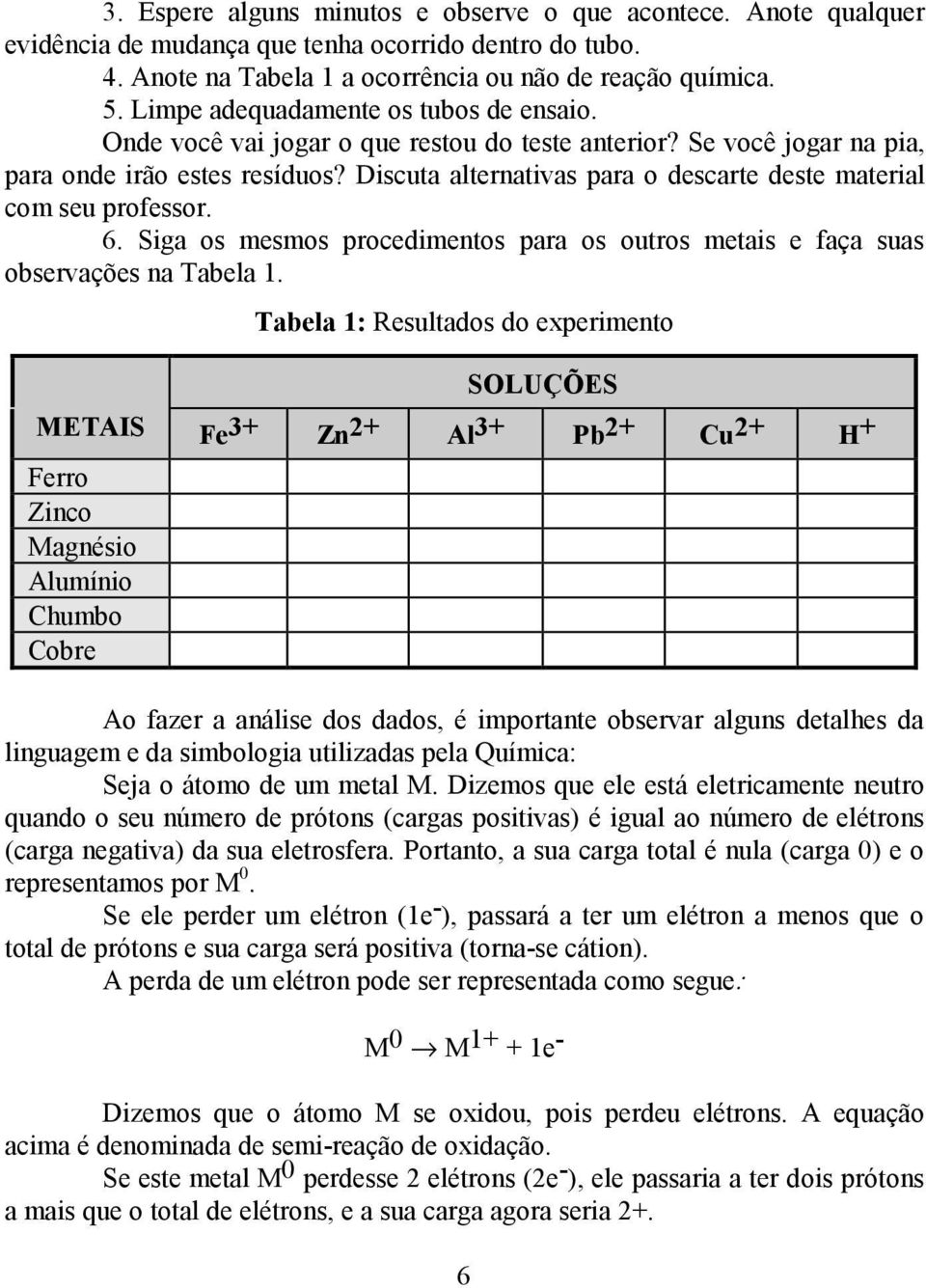 Discuta alternativas para o descarte deste material com seu professor. 6. Siga os mesmos procedimentos para os outros metais e faça suas observações na Tabela 1.