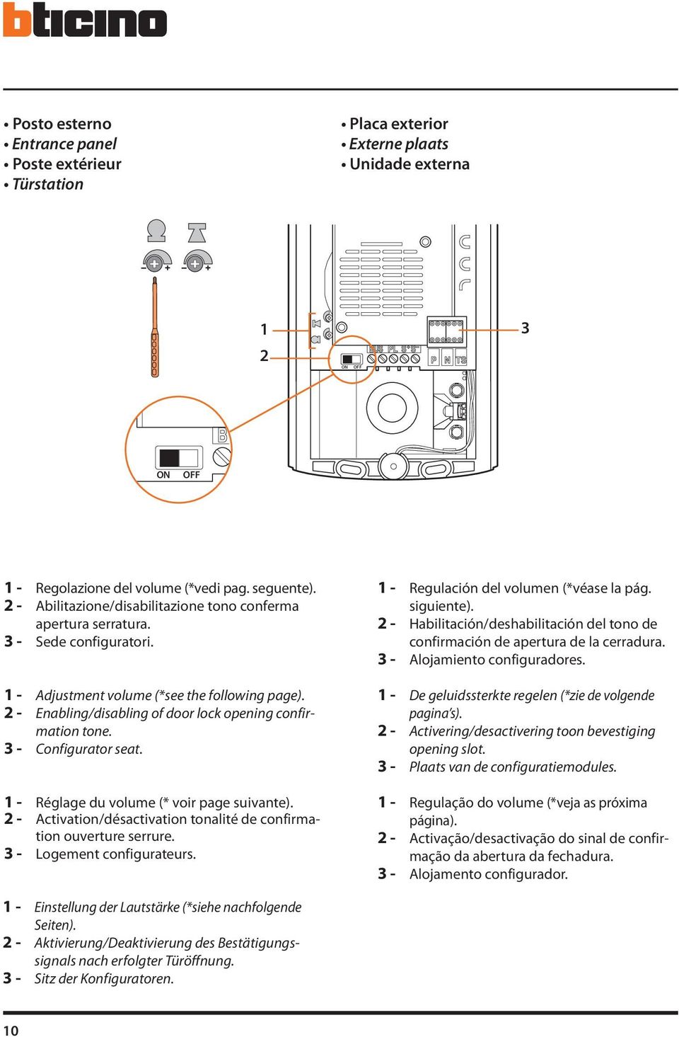 2 - Enabling/disabling of door lock opening confirmation tone. 3 - Configurator seat. 1 - Réglage du volume (* voir page suivante).