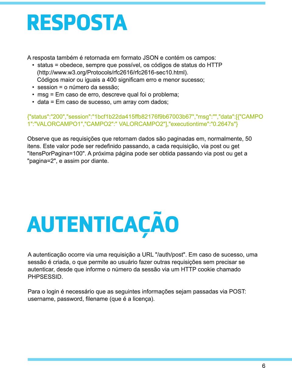 Códigos maior ou iguais a 400 significam erro e menor sucesso; session = o número da sessão; msg = Em caso de erro, descreve qual foi o problema; data = Em caso de sucesso, um array com dados;