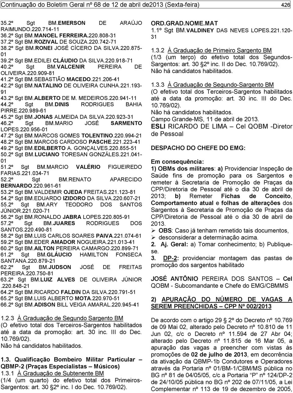 221.193-91 43.2º Sgt BM.ALBERTO DE M. MEDEIROS.220.941-11 44.2º Sgt BM.DINIS RODRIGUES BAHIA PIRRE.220.989-61 45.2º Sgt BM.JONAS ALMEIDA DA SILVA.220.923-31 46.2º Sgt BM.MARIO JOSÉ SARMENTO LOPES.220.956-47.