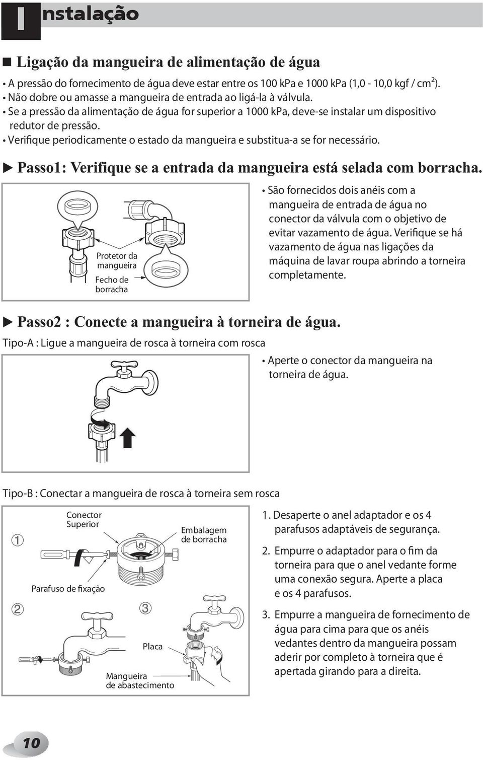 Verifique periodicamente o estado da mangueira e substitua-a se for necessário. Passo1: Verifique se a entrada da mangueira está selada com borracha.