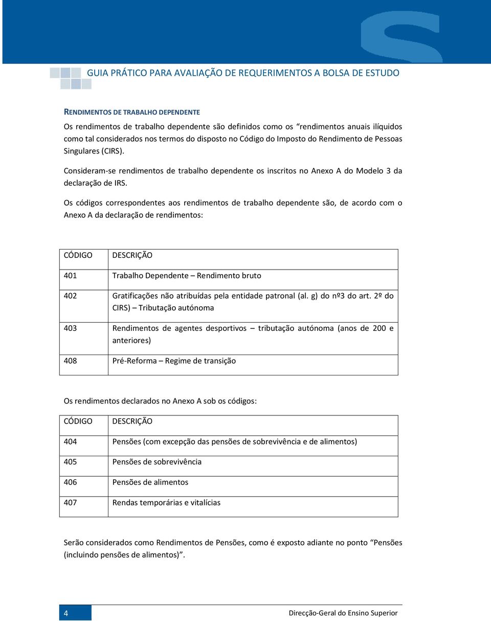 Os códigos correspondentes aos rendimentos de trabalho dependente são, de acordo com o Anexo A da declaração de rendimentos: CÓDIGO DESCRIÇÃO 401 Trabalho Dependente Rendimento bruto 402