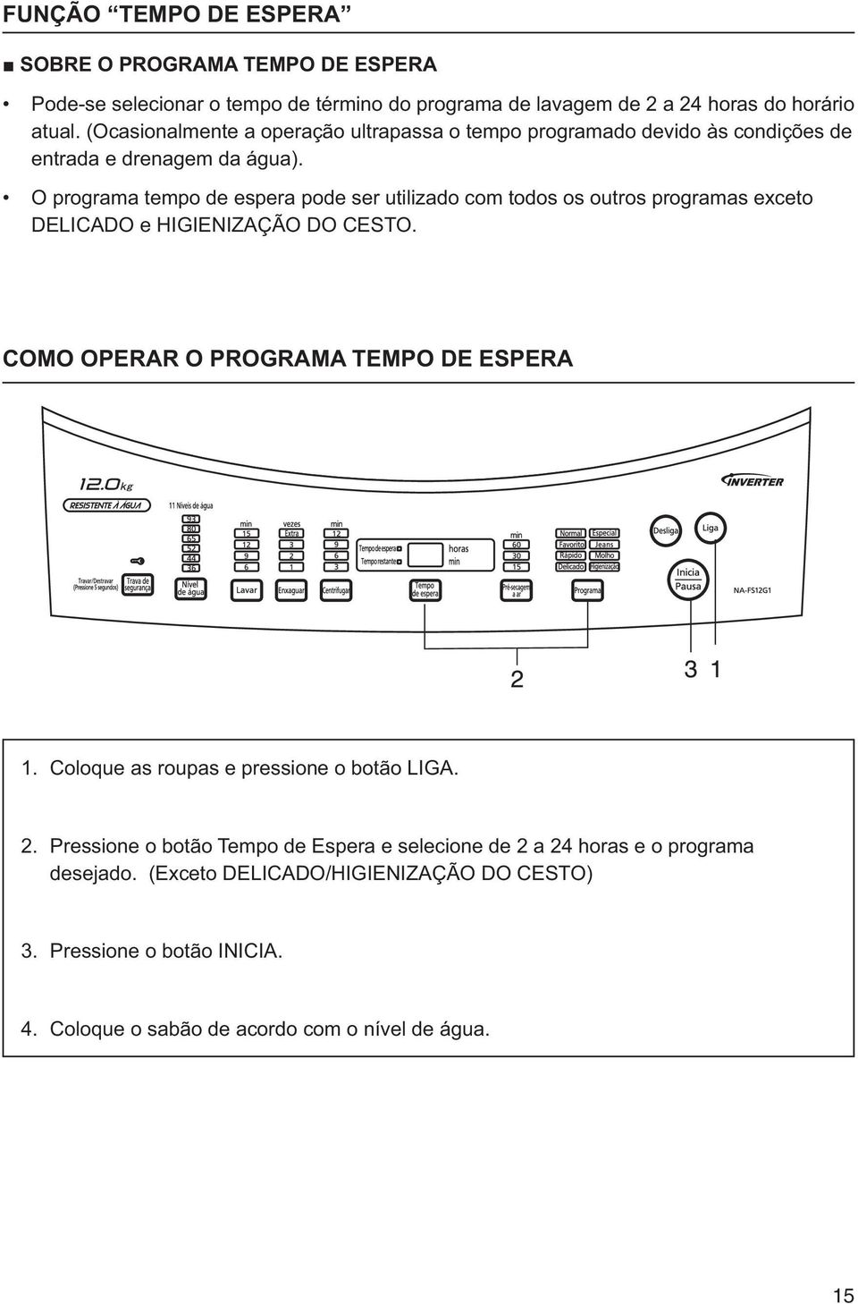 O programa tempo de espera pode ser utilizado com todos os outros programas exceto DELICADO e HIGIENIZAÇÃO DO CESTO. COMO OPERAR O PROGRAMA TEMPO DE ESPERA 1.