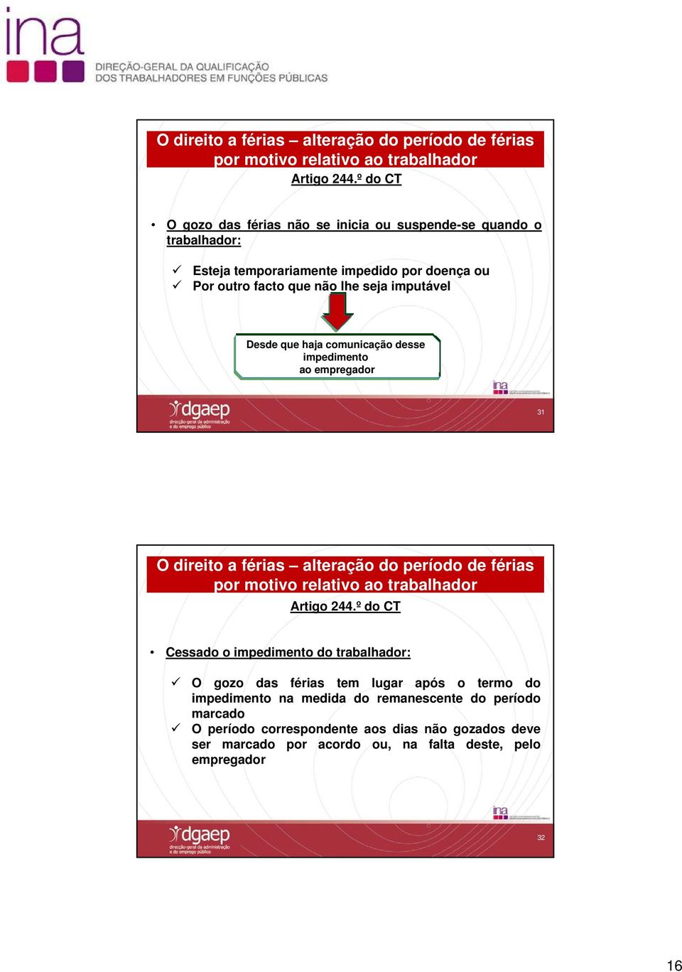 Desde que haja comunicação desse impedimento ao empregador 31 º do CT Cessado o impedimento do trabalhador: O gozo das férias tem lugar após o termo do impedimento na