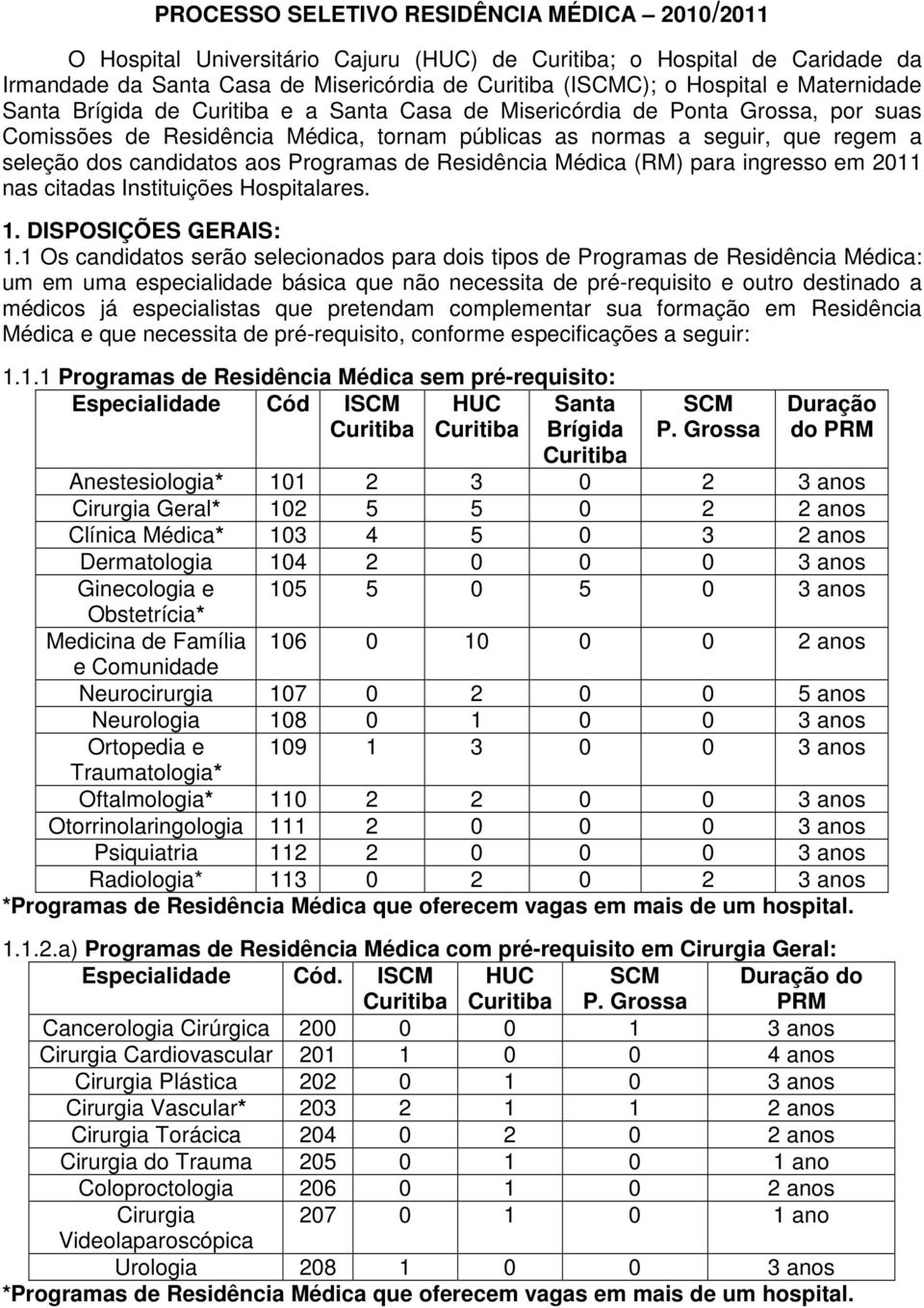 Médica (RM) para ingresso em 2011 nas citadas Instituições Hospitalares. 1. DISPOSIÇÕES GERAIS: 1.