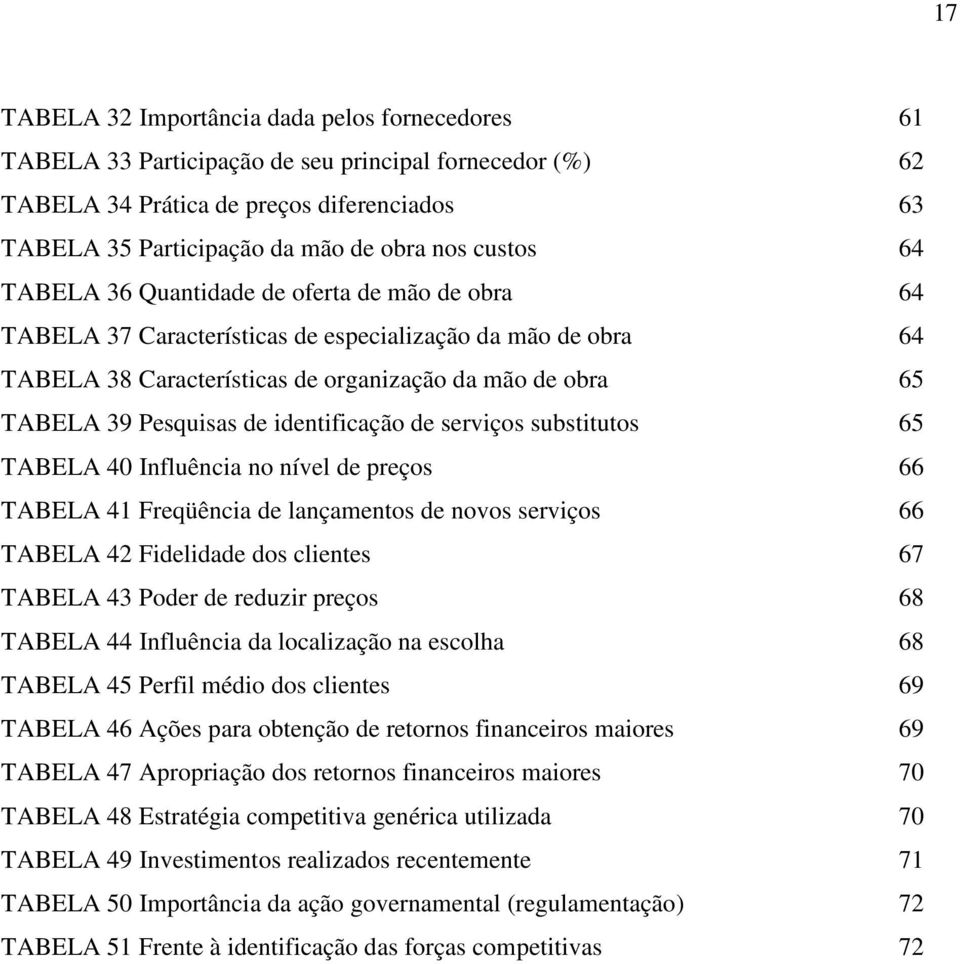 de identificação de serviços substitutos 65 TABELA 40 Influência no nível de preços 66 TABELA 41 Freqüência de lançamentos de novos serviços 66 TABELA 42 Fidelidade dos clientes 67 TABELA 43 Poder de