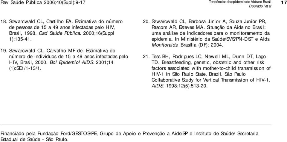 0. Bol Epidemiol AIDS. 2001;14 (1):SE1/1-13/1. 20. Szwarcwald CL, Barbosa Junior A, Souza Junior PR, Pascom AR, Esteves MA.