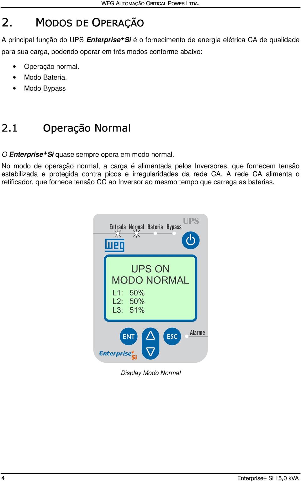 modos conforme abaixo: Operação normal. Modo Bateria. Modo Bypass 2.1 Operação Normal O Enterprise + Si quase sempre opera em modo normal.