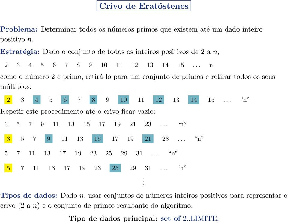 .. n como o número 2 é primo, retirá-lo para um conjunto de primos e retirar todos os seus múltiplos: 2 3 4 5 6 7 8 9 10 11 12 13 14 15.