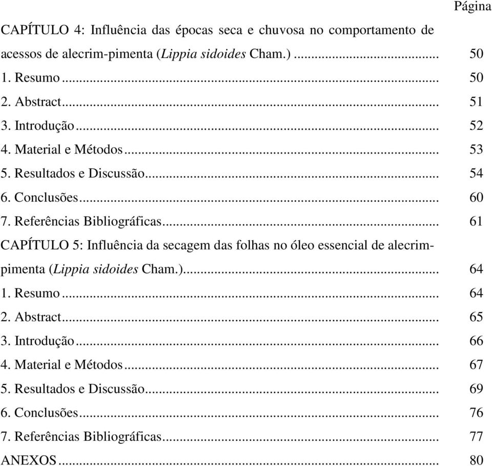 .. 61 CAPÍTULO 5: Influência da secagem das folhas no óleo essencial de alecrimpimenta (Lippia sidoides Cham.)... 64 1. Resumo... 64 2. Abstract.