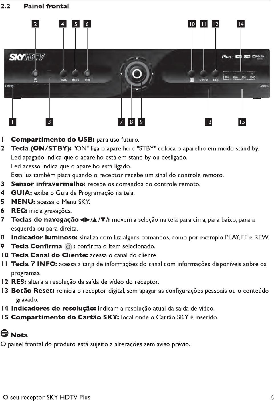 3 Sensor infravermelho: recebe os comandos do controle remoto. 4 GUIA: exibe o Guia de Programação na tela. 5 MENU: acessa o Menu SKY. 6 REC: inicia gravações.