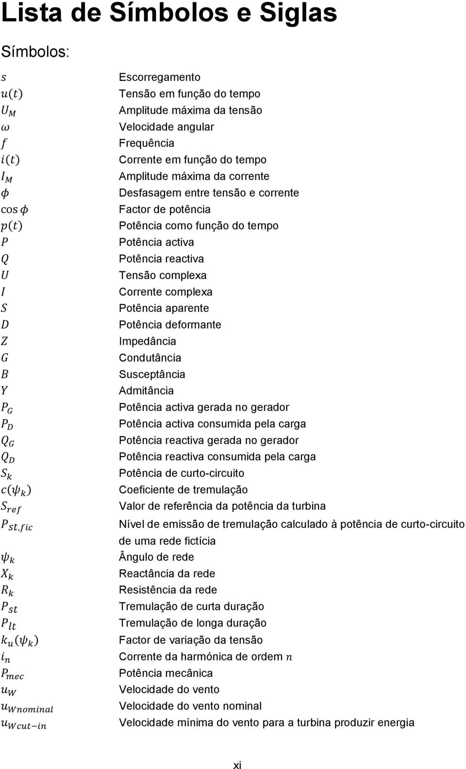 Impedância Condutância Susceptância Admitância Potência activa gerada no gerador Potência activa consumida pela carga Potência reactiva gerada no gerador Potência reactiva consumida pela carga