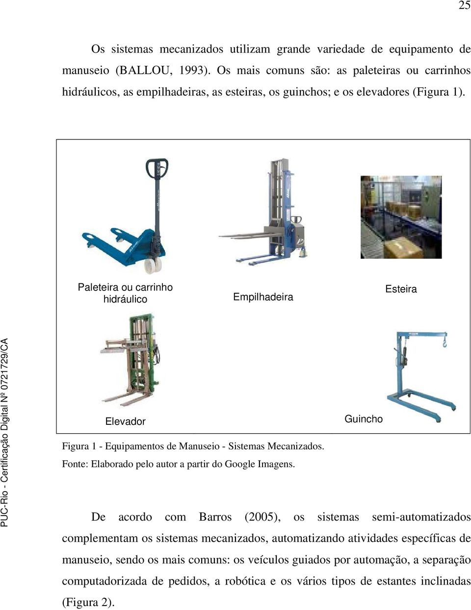 Paleteira ou carrinho hidráulico Empilhadeira Esteira Elevador Guincho Figura 1 - Equipamentos de Manuseio - Sistemas Mecanizados.