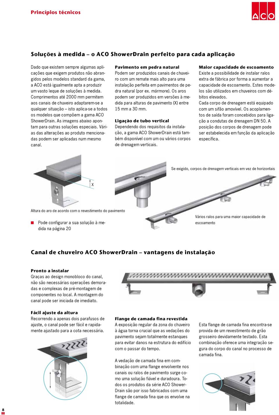 Comprimentos até 2000 mm permitem aos canais de chuveiro adaptarem-se a qualquer situação isto aplica-se a todos os modelos que compõem a gama ACO ShowerDrain.