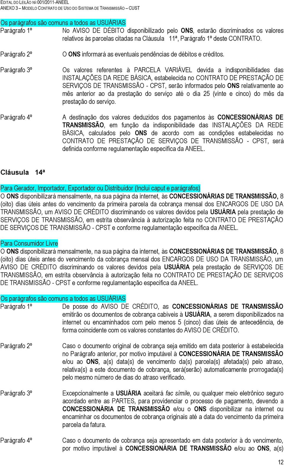 Os valores referentes à PARCELA VARIÁVEL devida a indisponibilidades das INSTALAÇÕES DA REDE BÁSICA, estabelecida no CONTRATO DE PRESTAÇÃO DE SERVIÇOS DE TRANSMISSÃO - CPST, serão informados pelo ONS