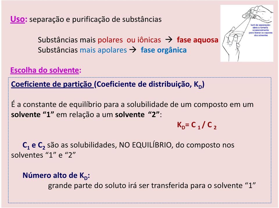 solubilidade de um composto em um solvente 1 em relação a um solvente 2 : K D = C 1 / C 2 C 1 e C 2 são as solubilidades, NO