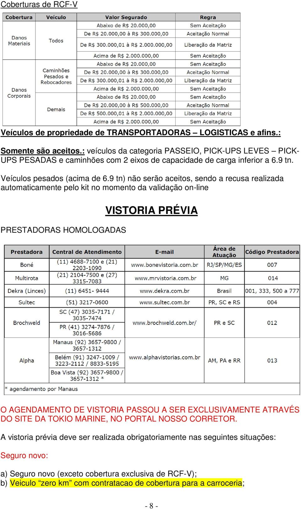 9 tn) não serão aceitos, sendo a recusa realizada automaticamente pelo kit no momento da validação on-line PRESTADORAS HOMOLOGADAS VISTORIA PRÉVIA O AGENDAMENTO DE VISTORIA PASSOU A SER