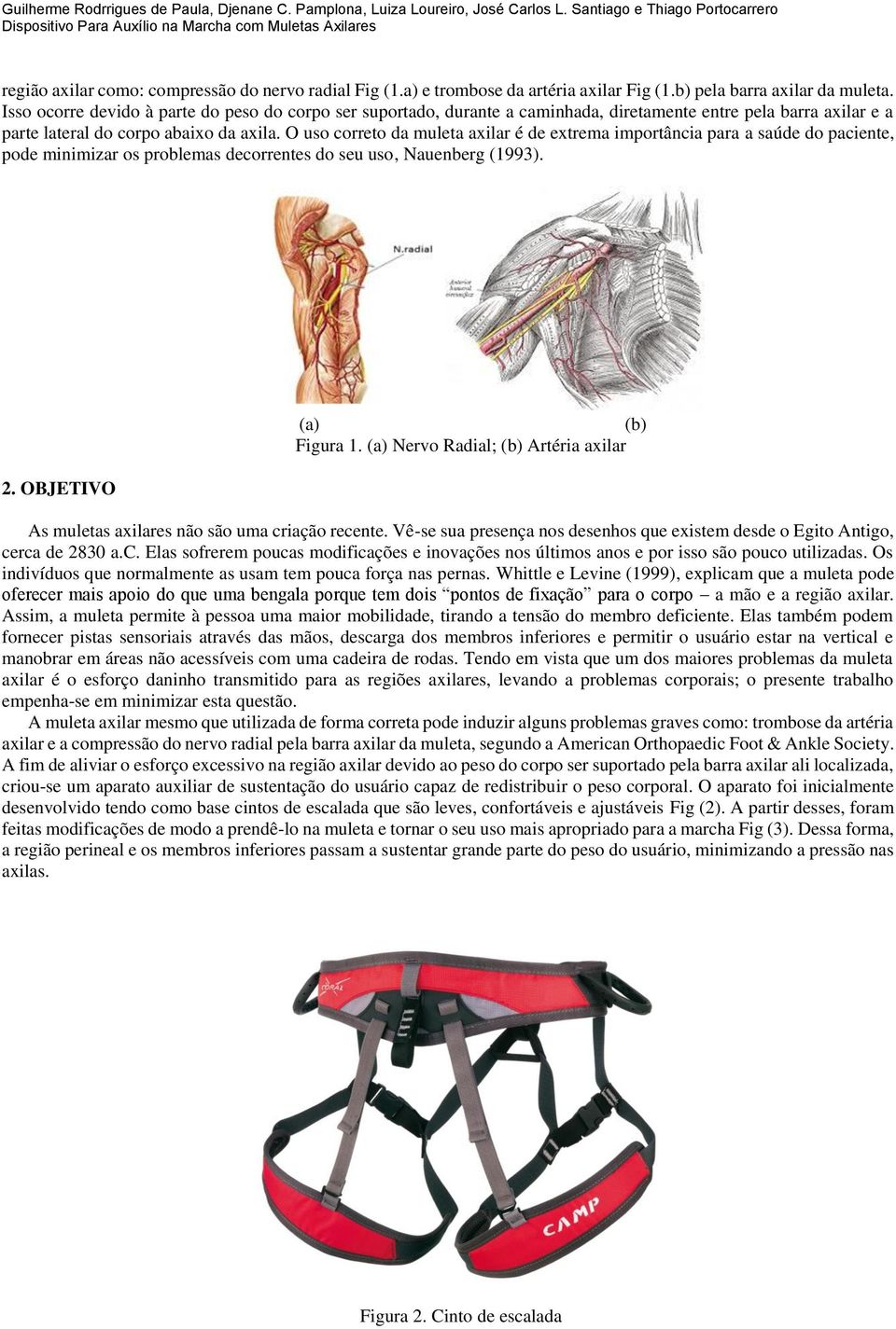 b) pela barra axilar da muleta. Isso ocorre devido à parte do peso do corpo ser suportado, durante a caminhada, diretamente entre pela barra axilar e a parte lateral do corpo abaixo da axila.