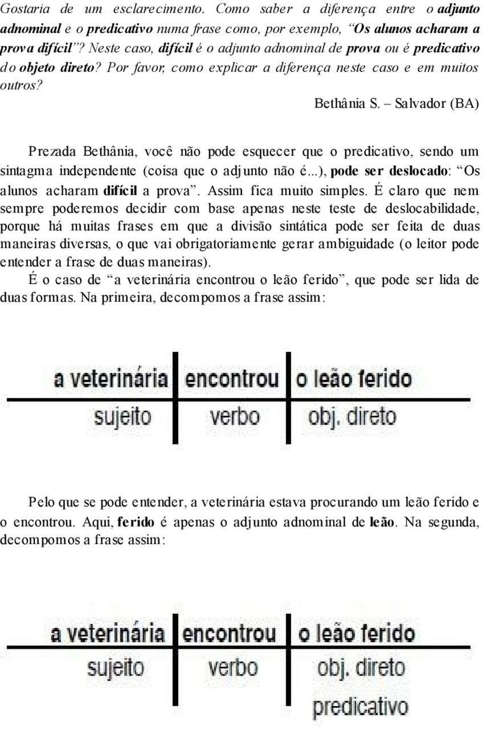 Salvador (BA) Prezada Bethânia, você não pode esquecer que o predicativo, sendo um sintagma independente (coisa que o adjunto não é...), pode ser deslocado: Os alunos acharam difícil a prova.