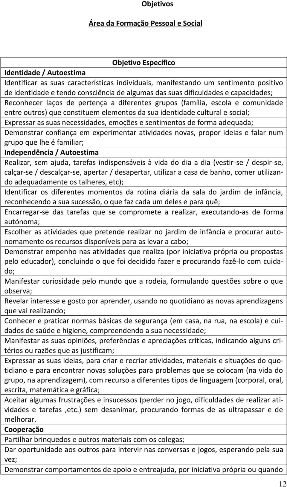 cultural e social; Expressar as suas necessidades, emoções e sentimentos de forma adequada; Demonstrar confiança em experimentar atividades novas, propor ideias e falar num grupo que lhe é familiar;