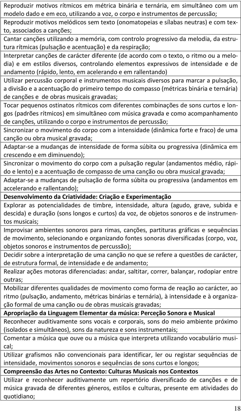 respiração; Interpretar canções de carácter diferente (de acordo com o texto, o ritmo ou a melodia) e em estilos diversos, controlando elementos expressivos de intensidade e de andamento (rápido,