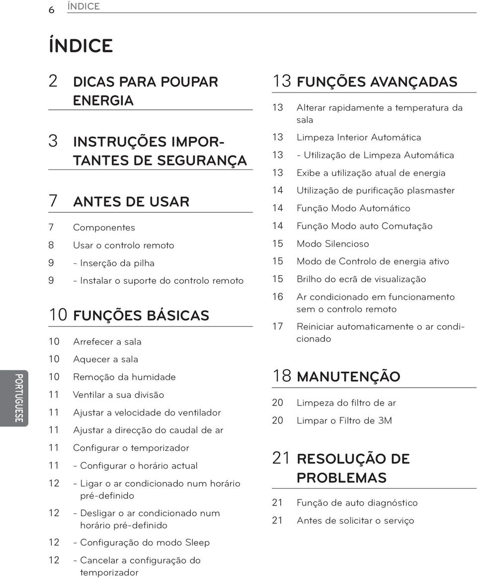 Configurar o temporizador 11 - Configurar o horário actual 12 - Ligar o ar condicionado num horário pré-definido 12 - Desligar o ar condicionado num horário pré-definido 12 - Configuração do modo