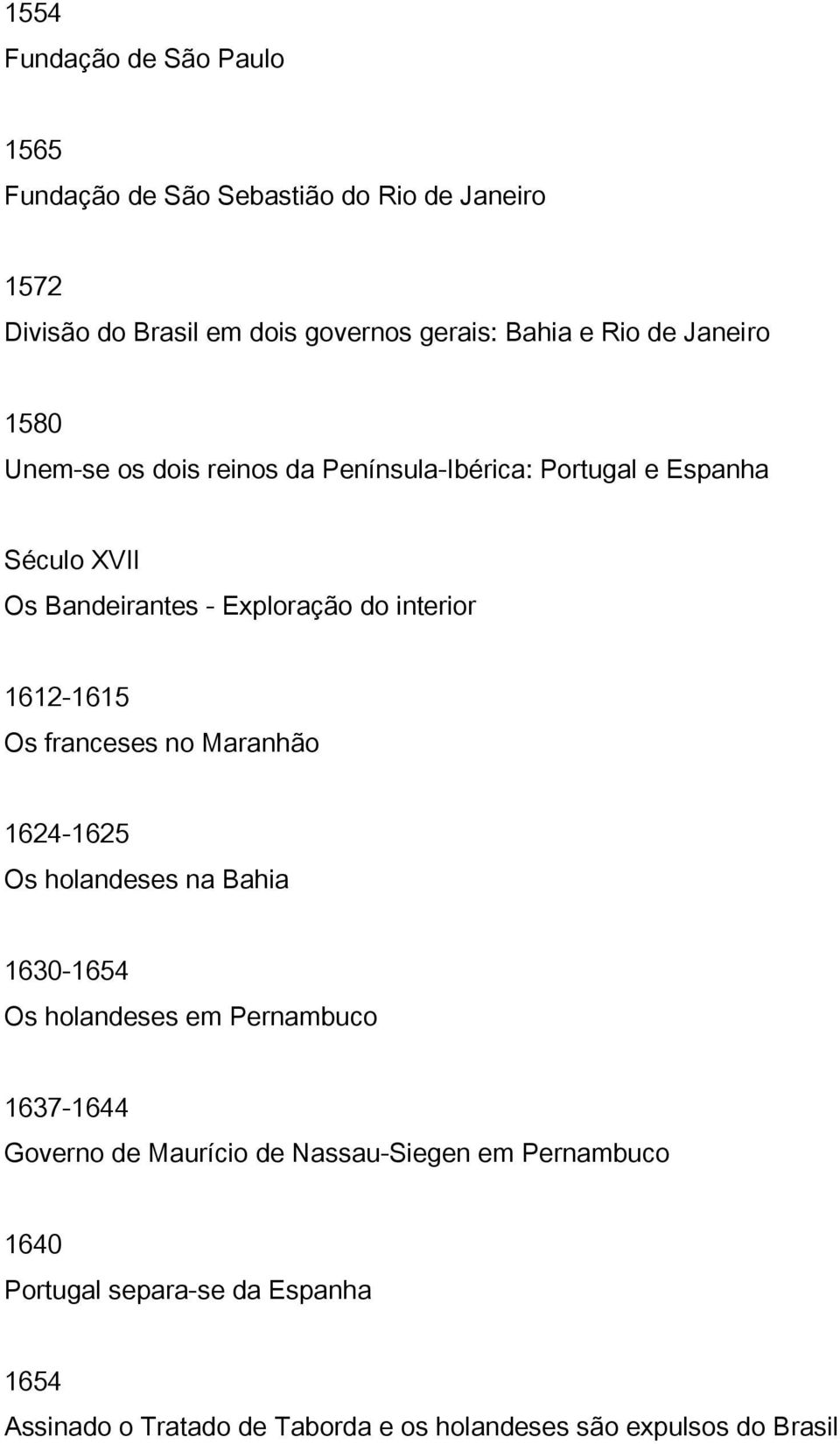 1612-1615 Os franceses no Maranhão 1624-1625 Os holandeses na Bahia 1630-1654 Os holandeses em Pernambuco 1637-1644 Governo de Maurício