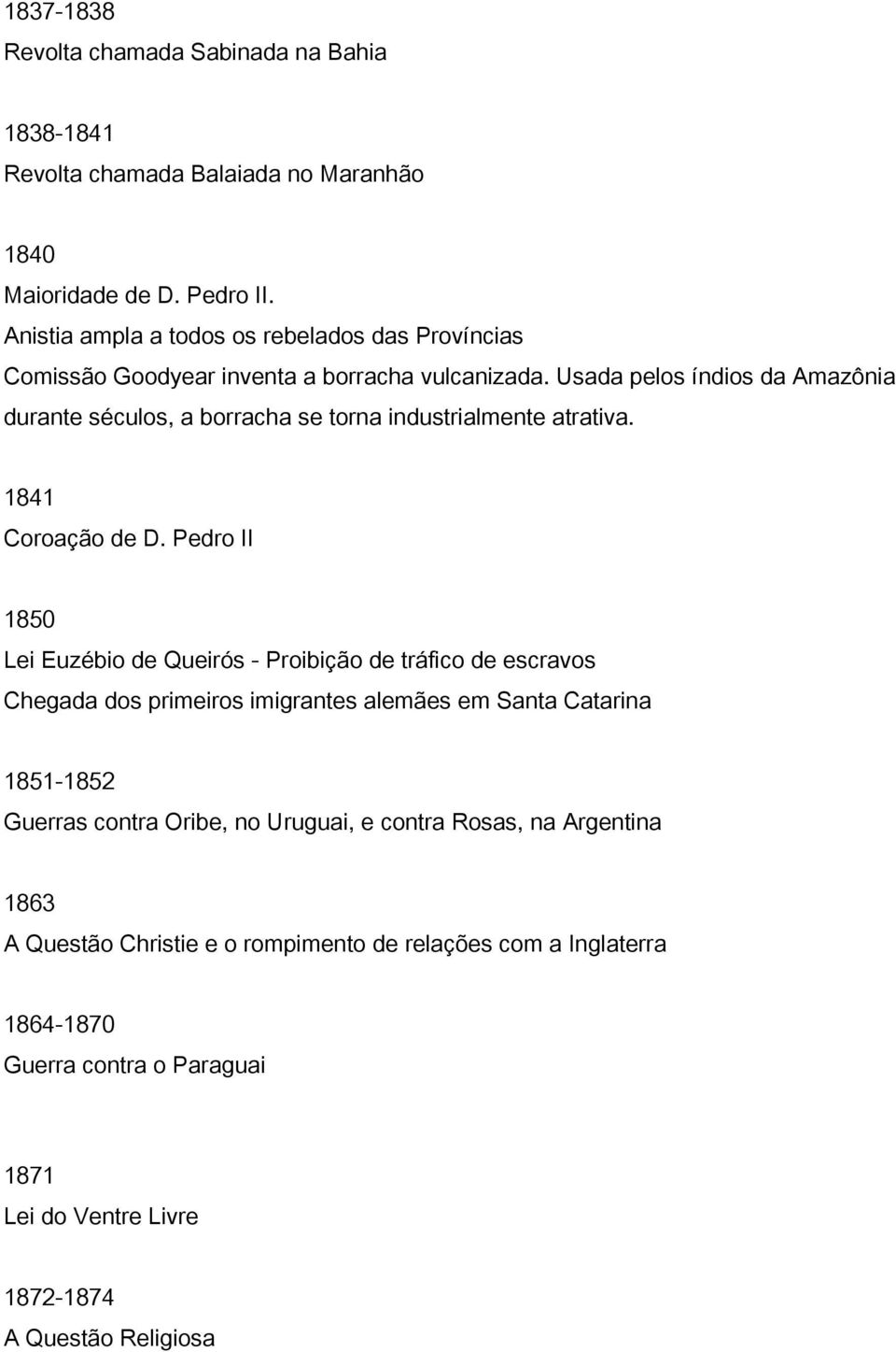 Usada pelos índios da Amazônia durante séculos, a borracha se torna industrialmente atrativa. 1841 Coroação de D.