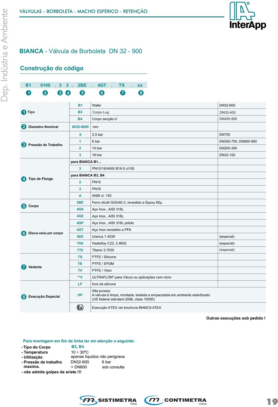 Execução Especial 0 2,5 bar DN750 1 6 bar DN50-700, DN800-900 2 10 bar DN200-00 16 bar DN2-150 para BIANCA B1... PN10/16/ANSI B16-5 cl150 para BIANCA B, B4 2 PN10 PN16 A ANSI cl.