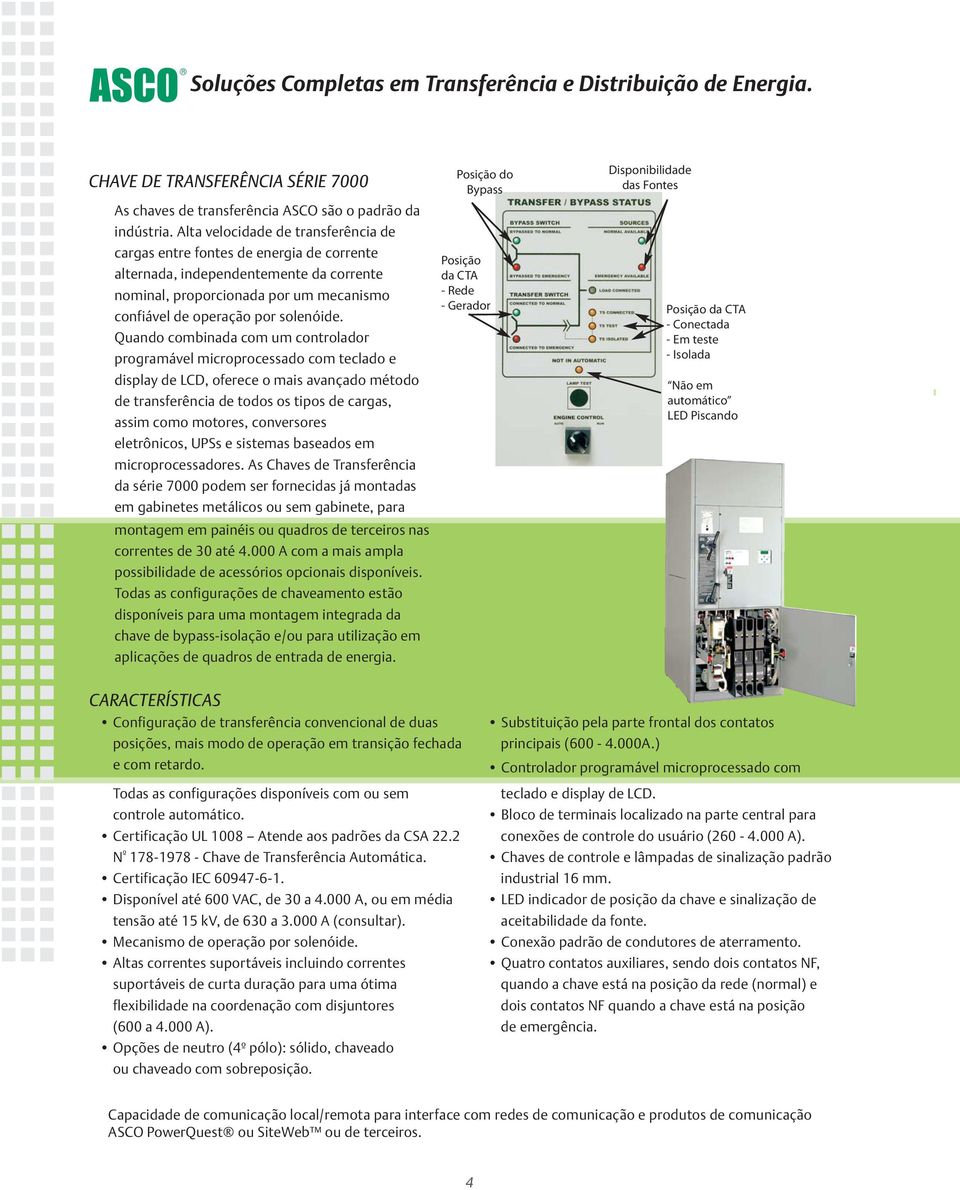 Quando combinada com um controlador programável microprocessado com teclado e display de LCD, oferece o mais avançado método de transferência de todos os tipos de cargas, assim como motores,