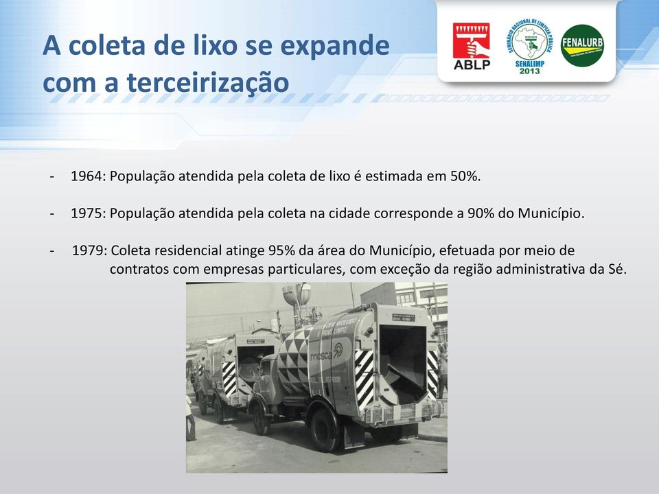 - 1975: População atendida pela coleta na cidade corresponde a 90% do Município.