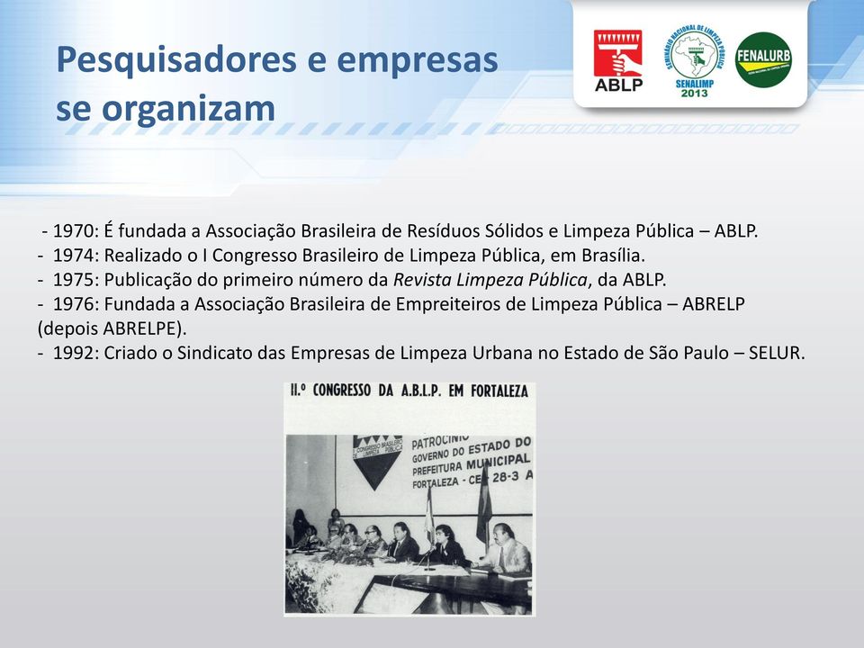 - 1975: Publicação do primeiro número da Revista Limpeza Pública, da ABLP.