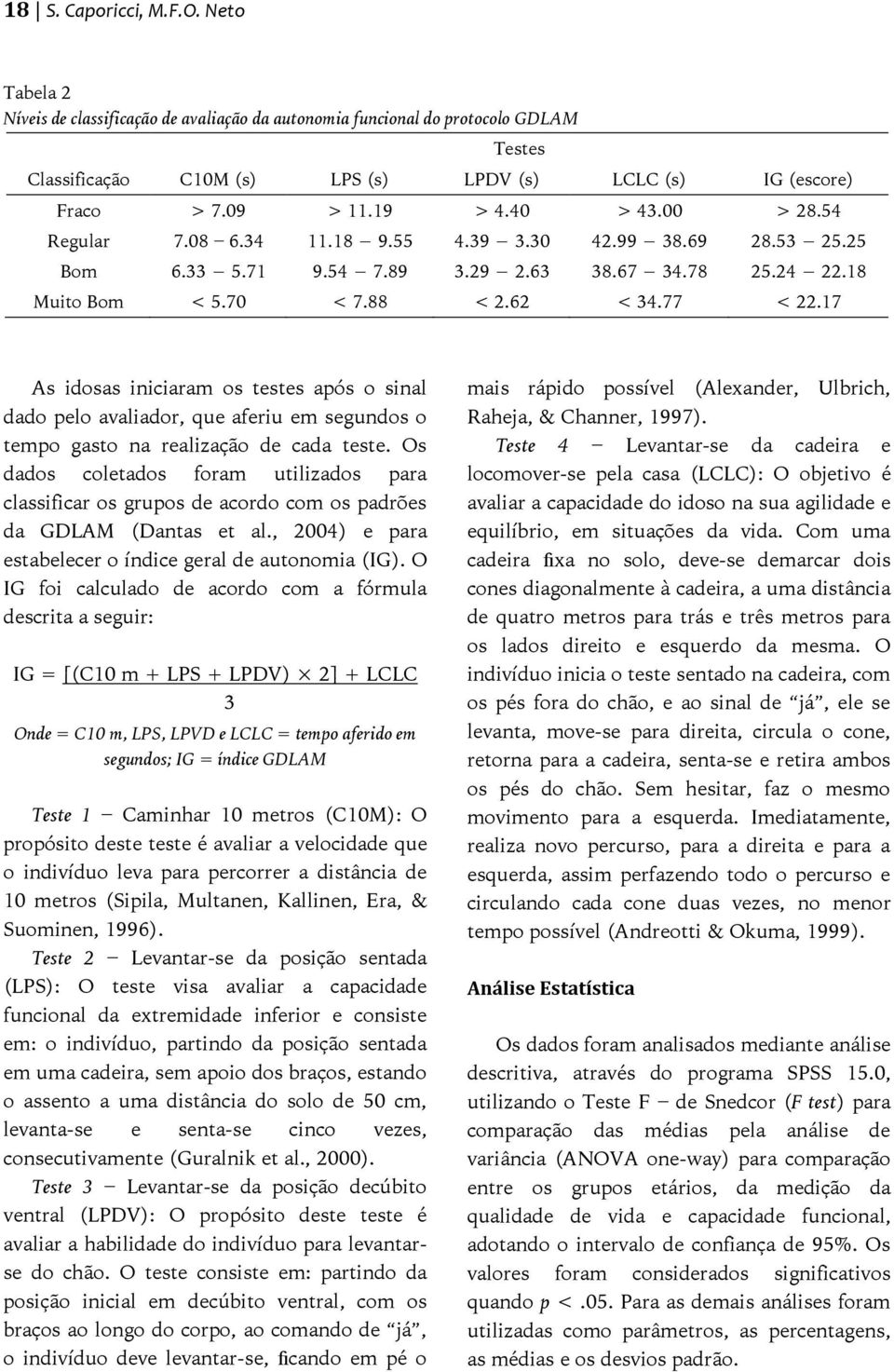 17 As idosas iniciaram os testes após o sinal dado pelo avaliador, que aferiu em segundos o tempo gasto na realização de cada teste.