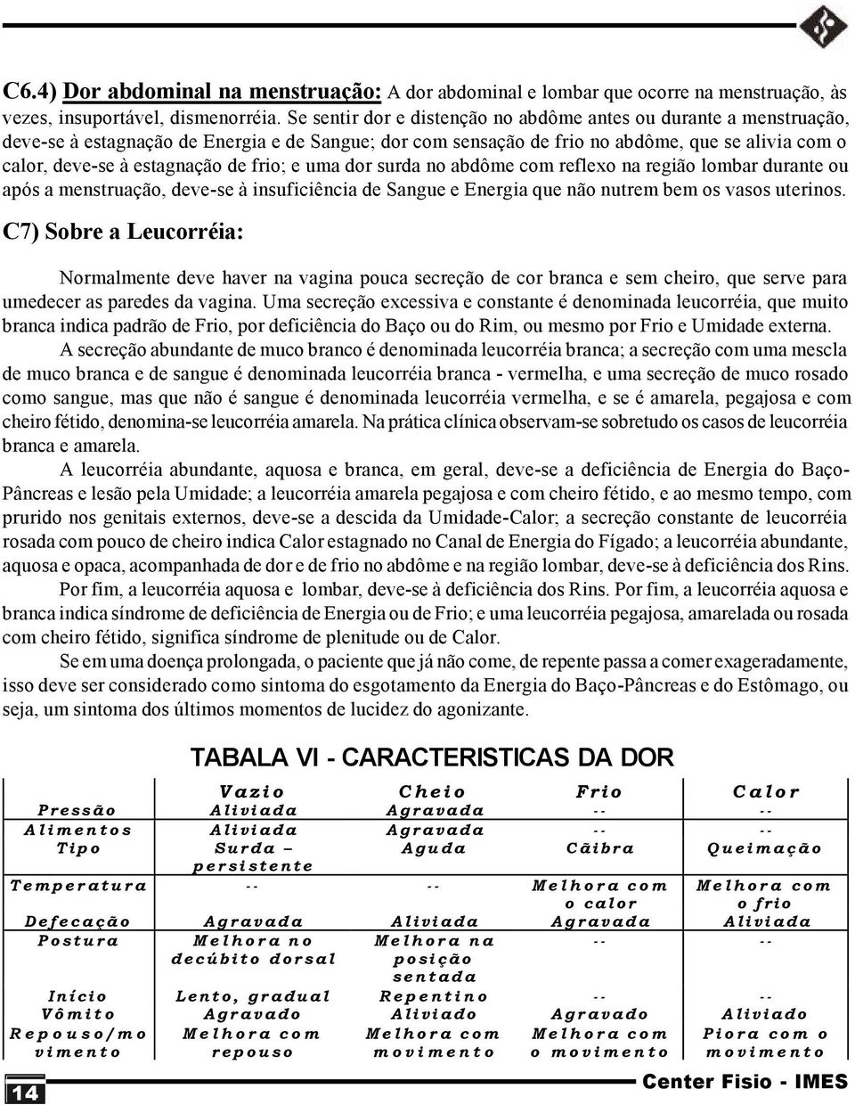 frio; e uma dor surda no abdôme com reflexo na região lombar durante ou após a menstruação, deve-se à insuficiência de Sangue e Energia que não nutrem bem os vasos uterinos.