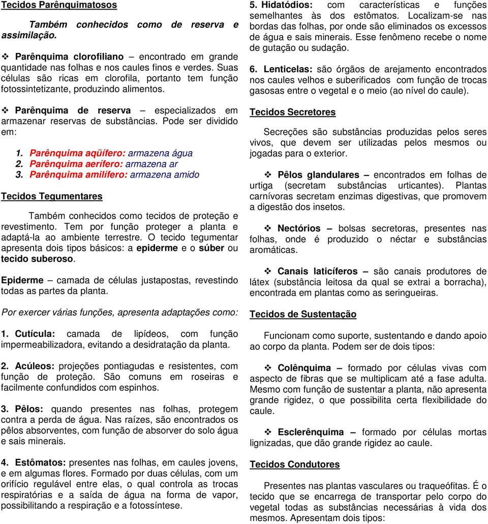 Parênquima aqüífero: armazena água 2. Parênquima aerífero: armazena ar 3. Parênquima amilífero: armazena amido Tecidos Tegumentares Também conhecidos como tecidos de proteção e revestimento.