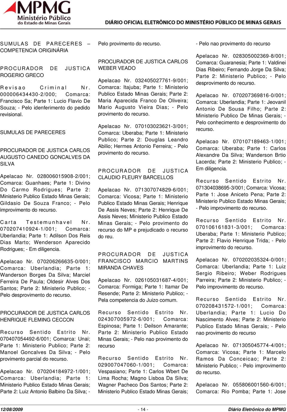 028006015908-2/001; Comarca: Guanhaes; Parte 1: Divino Do Carmo Rodrigues; Parte 2: Ministerio Publico Estado Minas Gerais; Gildasio De Souza Franco; - Pelo improvimento do Carta Testemunhavel Nr.