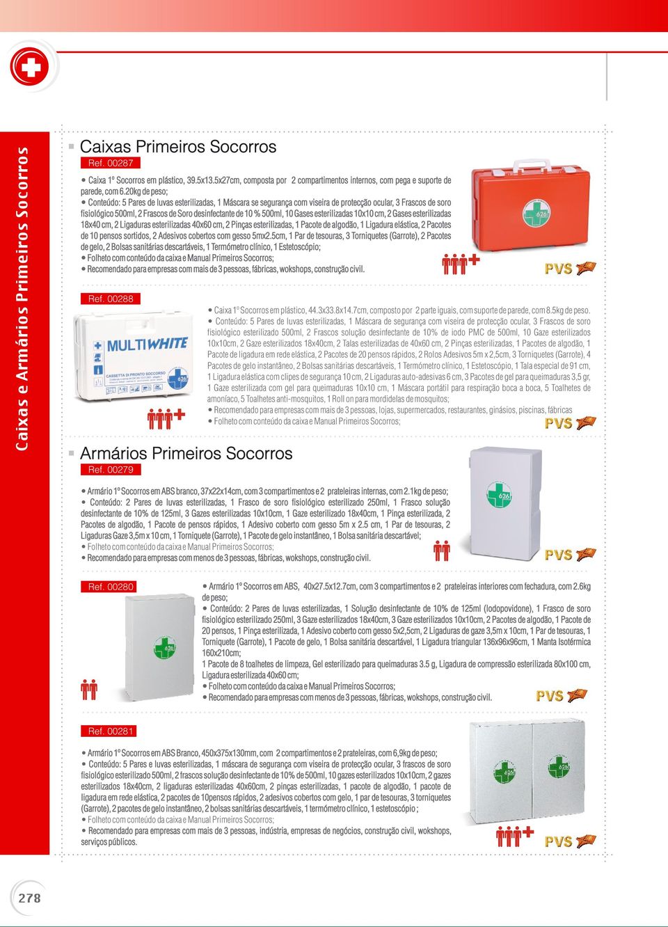 Gases esterilizadas 10x10 cm, 2 Gases esterilizadas 18x40 cm, 2 Ligaduras esterilizadas 40x60 cm, 2 Pinças esterilizadas, 1 Pacote de algodão, 1 Ligadura elástica, 2 Pacotes de 10 pensos sortidos, 2