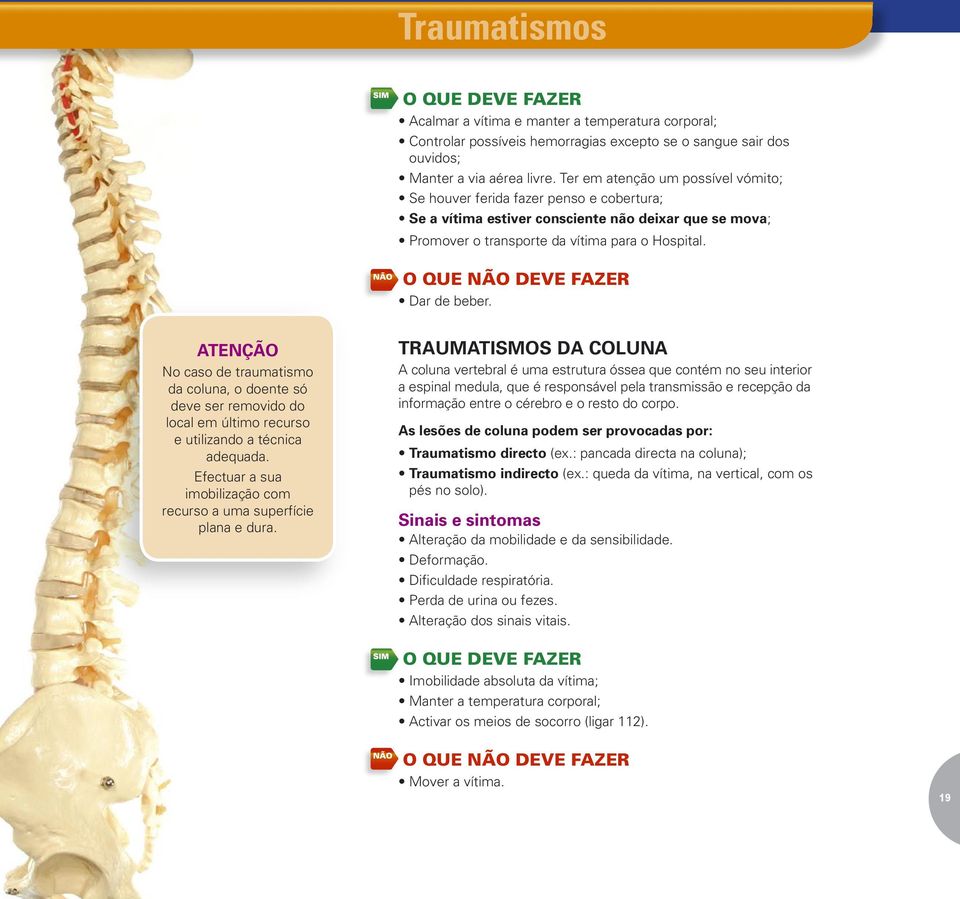 O QUE NÃO DEVE FAZER Dar de beber. ATENÇÃO No caso de traumatismo da coluna, o doente só deve ser removido do local em último recurso e utilizando a técnica adequada.