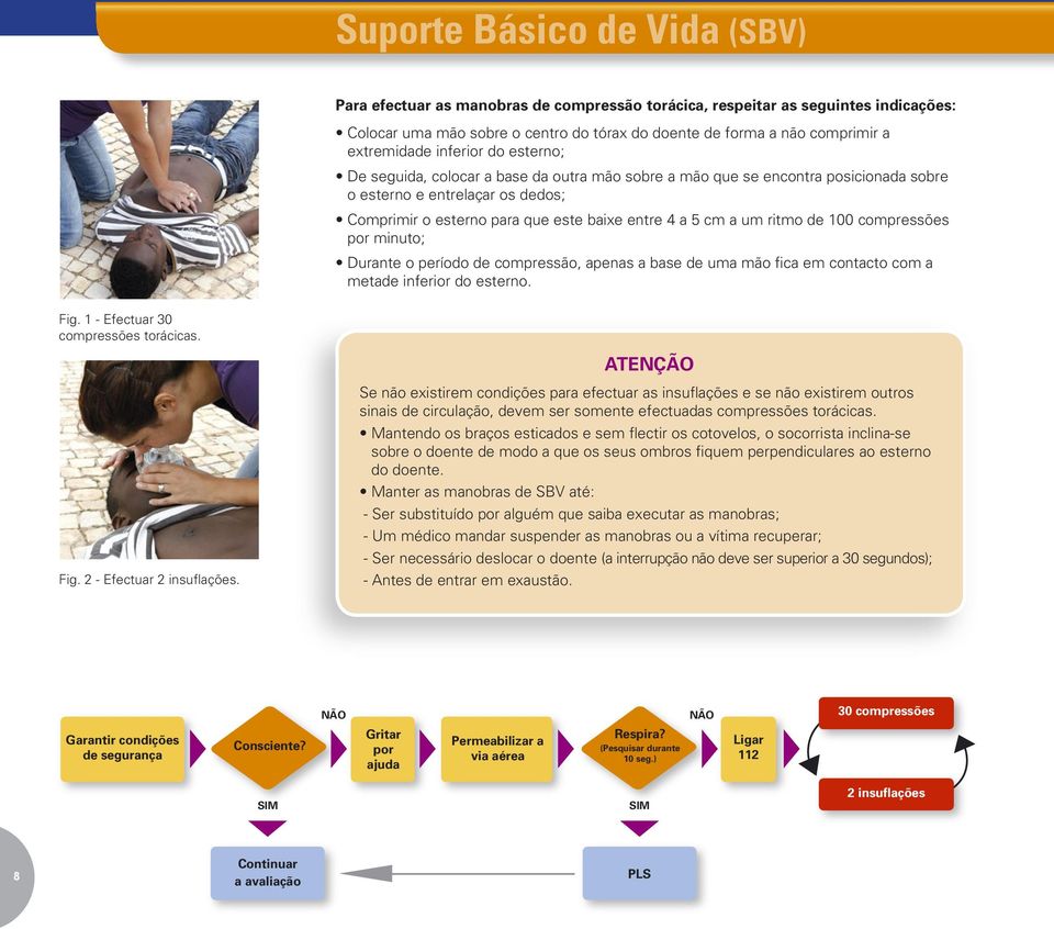 a 5 cm a um ritmo de 100 compressões por minuto; Durante o período de compressão, apenas a base de uma mão fica em contacto com a metade inferior do esterno. Fig.